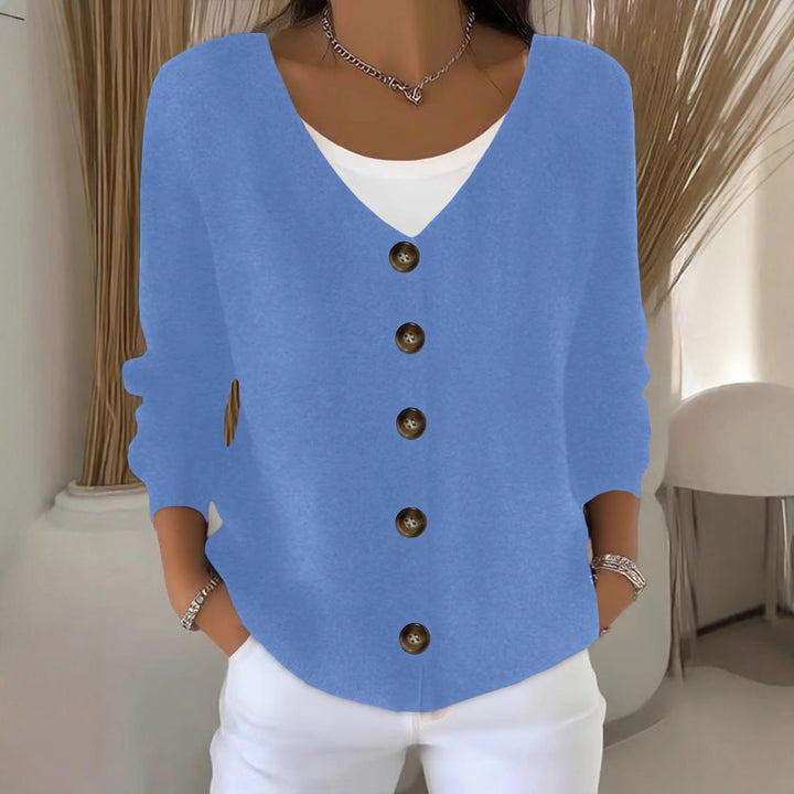 Damen Lockerer V-Ausschnitt Feinstrick-Cardigan mit Holzknopfleiste Drune