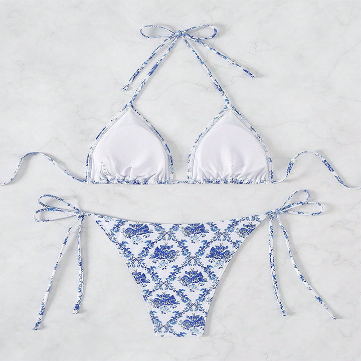 Damen Triangel-Bikini mit aufregenden Bindebändern und floralen Akzenten Drune