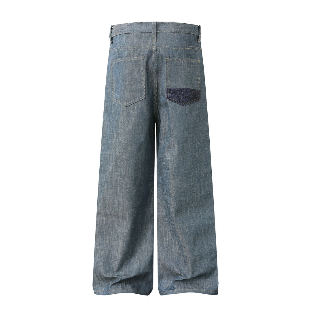Damen Hochtaillierte weite Jeanshose mit dekorativen Pattentaschen und geradem Bein Drune