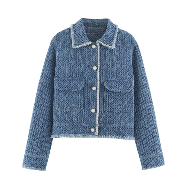 Damen Kurz geschnittene strukturierte Jeansjacke mit Fransenbesatz und Pattentaschen Drune