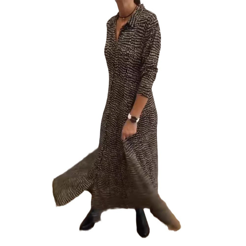 Damen nan fließendes Maxikleid mit Hemdblusenkragen, V-Ausschnitt, dreiviertelärmeln und Seitentaschen Drune