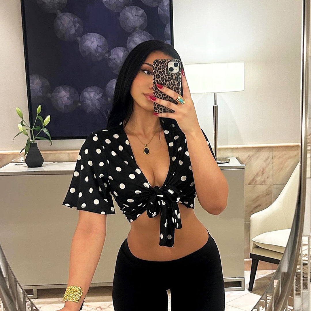 Damen lässige Bluse mit großen Punkten und Bindegürtel Drune