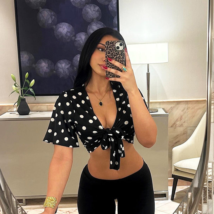 Damen lässige Bluse mit großen Punkten und Bindegürtel Drune