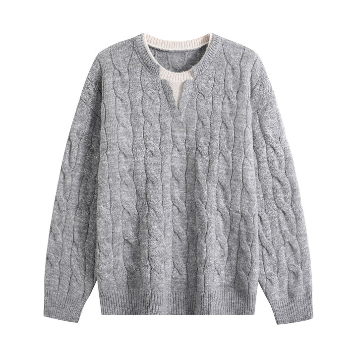 Damen Oversize Zopfmuster-Pullover mit V‑Schlitzkragen Drune