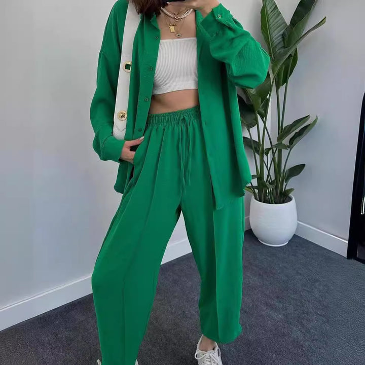 Damen Lässiges zweiteiliges Lounge-Set aus Crêpe mit Oversize-Hemd und hohem Elastikbund Drune