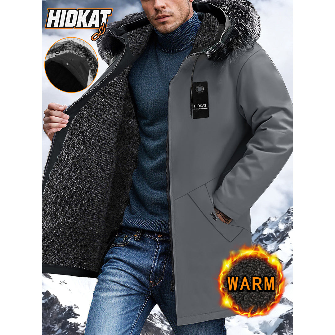 Herren Lange Winterjacke mit Kapuze und Kunstfellbesatz Drune