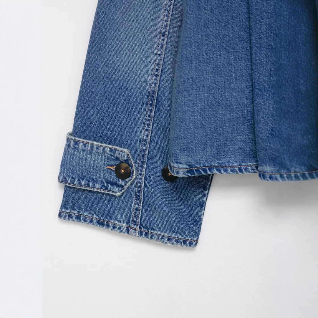 Damen Cropped Boxy-Jeansjacke mit hohem Funnelkragen und extraweiten Manschetten Drune