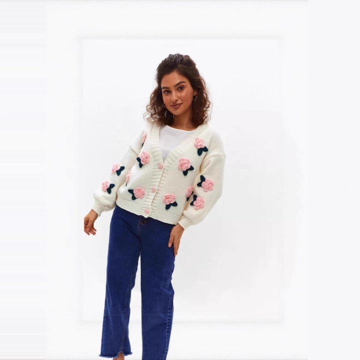 Damen Kuschelige Strickjacke mit Blumenapplikationen Drune