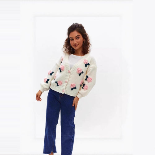 Damen Kuschelige Strickjacke mit Blumenapplikationen Drune