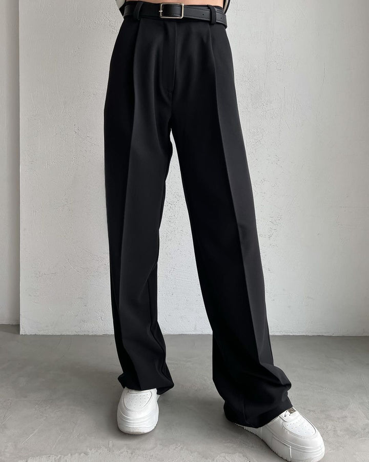 Damen Elegante High-Waist-Hose mit Bügelfalte und Bindegürtel Drune
