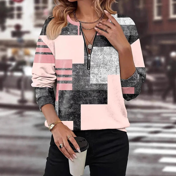 Damen nan Casual Sweatshirt mit kurzem V-Reißverschluss, grafischem Blockmuster und legerer Passform Drune