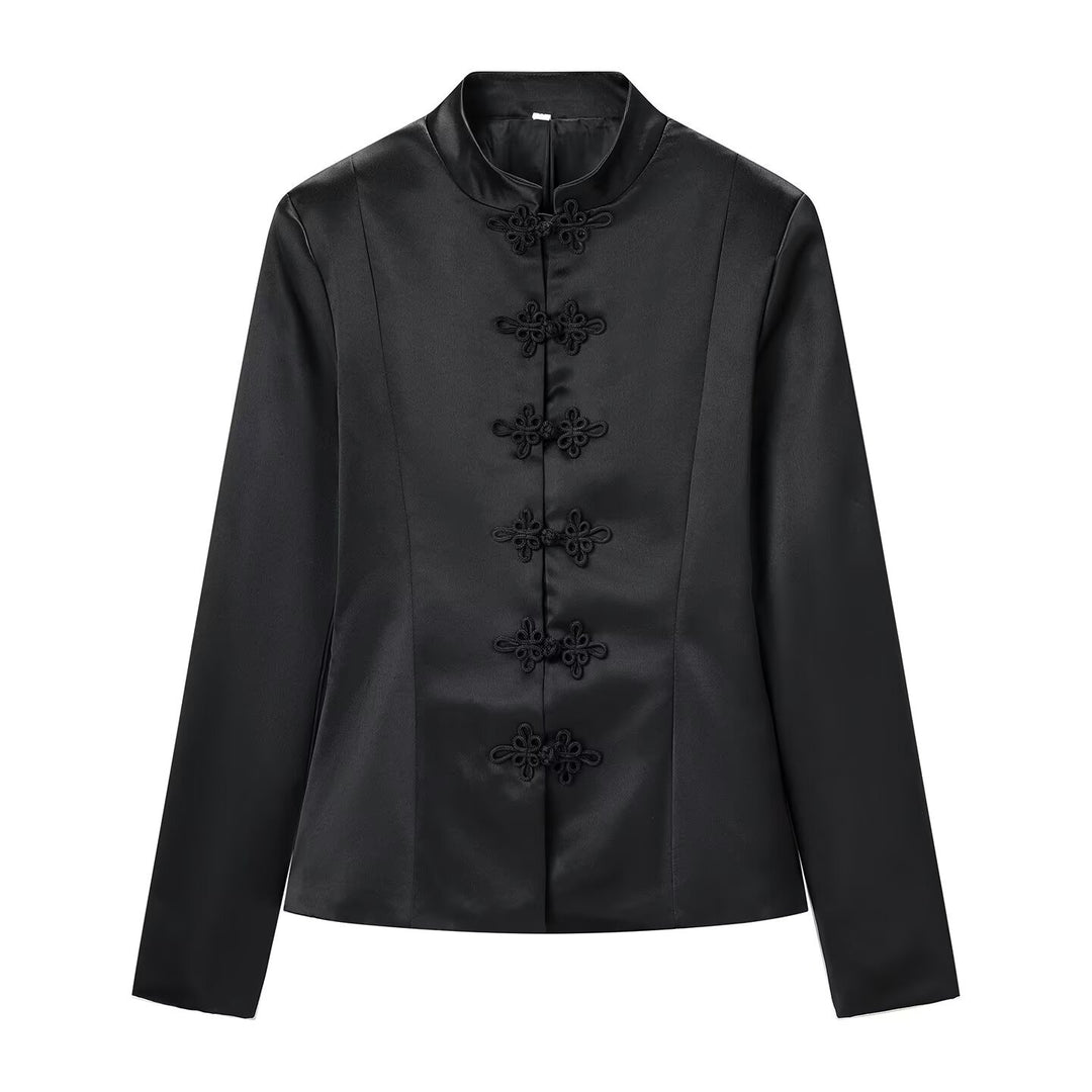 Damen Taillierter Satin-Blazer mit Mandarinkragen und dekorativen Froschverschlüssen Drune