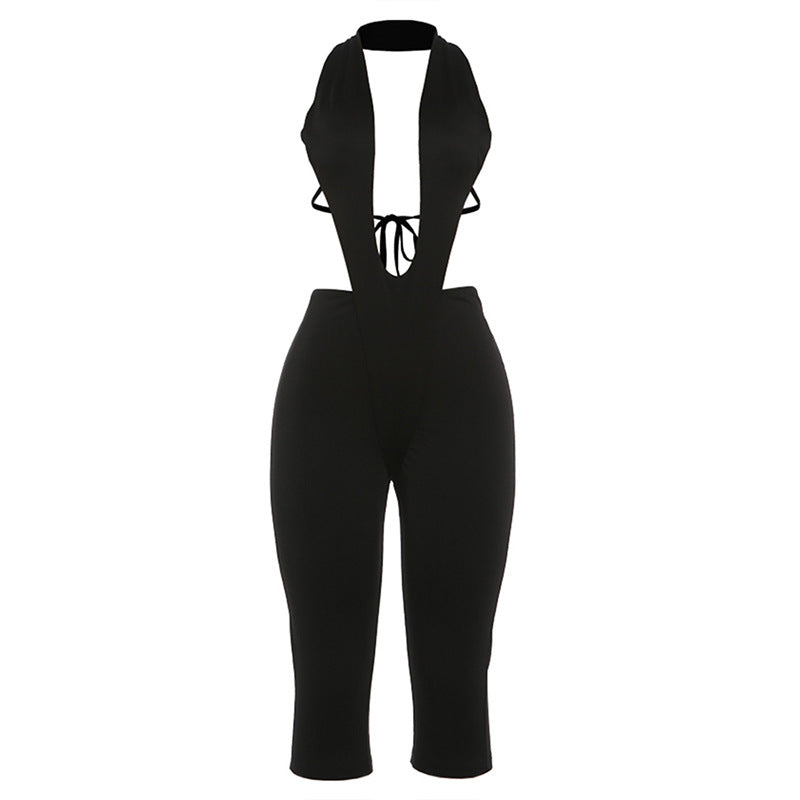 Damen figurbetonter Jumpsuit mit tiefem V-Ausschnitt und Bindegürtel Drune