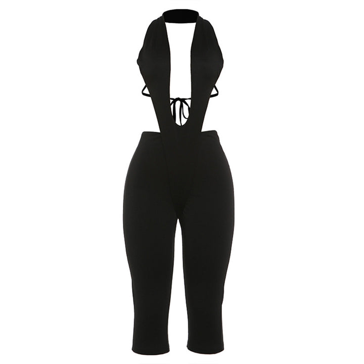 Damen figurbetonter Jumpsuit mit tiefem V-Ausschnitt und Bindegürtel Drune