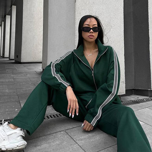 Damen Oversized Velours-Trainingsjacke mit markanten Kontraststreifen und geripptem Stehkragen Drune