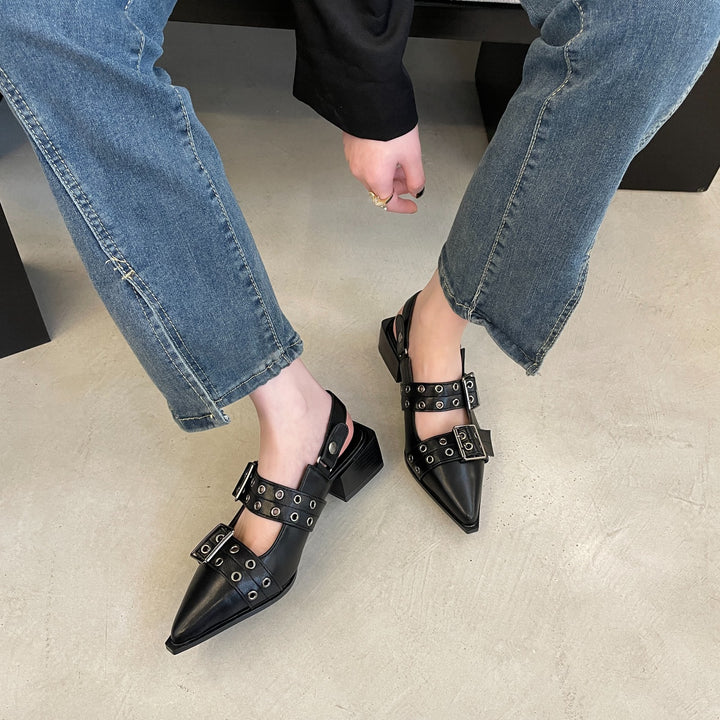 Damen nan spitze Ballerina-Slipper mit doppelten Nietenriemen und verstellbaren Schnallen Drune