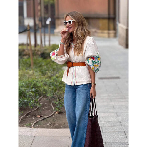 Damen Bluse mit bunten Stickereien und voluminösen Ärmeln Drune