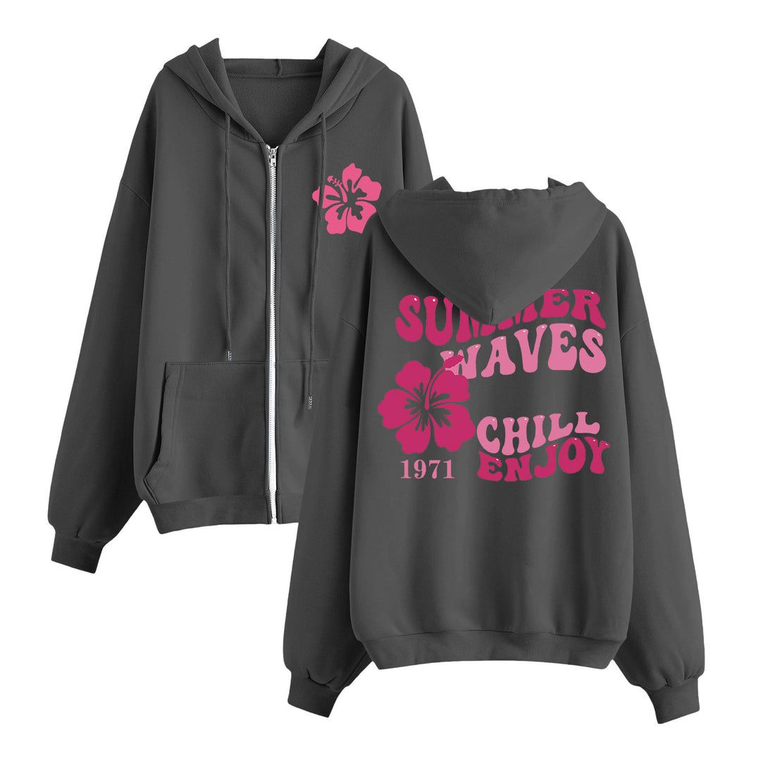 Damen nan entspannter Zip-Hoodie mit tropischem Hibiskus-Print, Kängurutaschen und gerippten Bündchen Drune