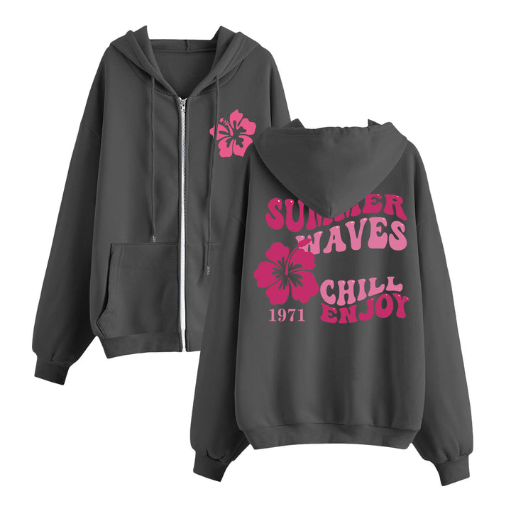 Damen nan entspannter Zip-Hoodie mit tropischem Hibiskus-Print, Kängurutaschen und gerippten Bündchen Drune