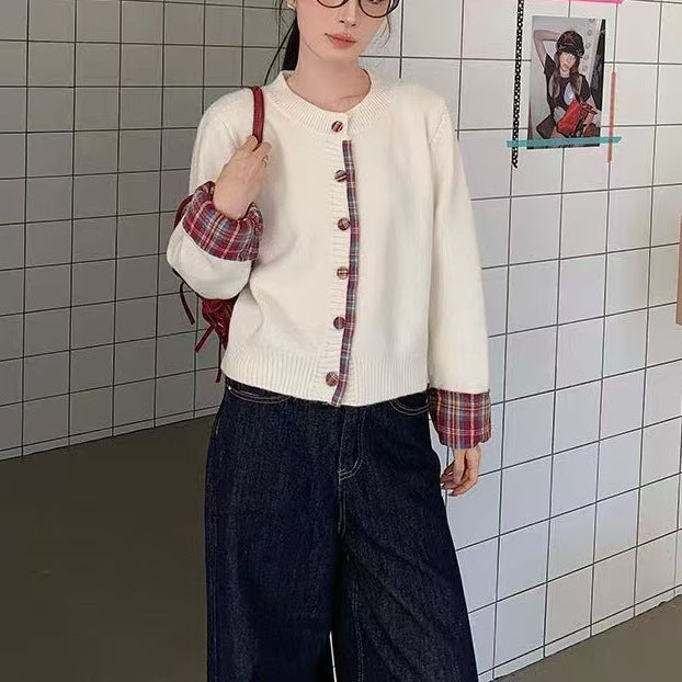 Damen modische Strickjacke mit Karomuster und praktischen Knöpfen Drune