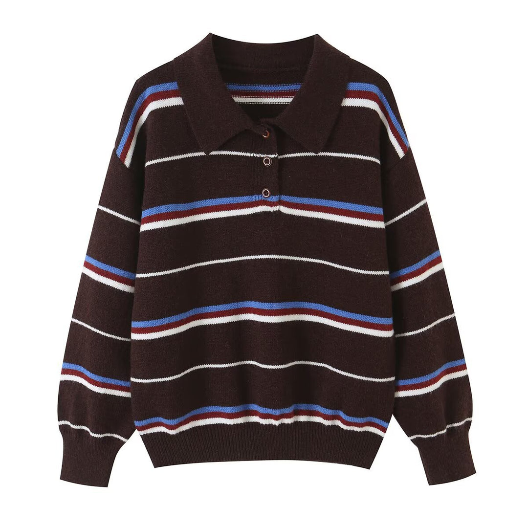Damen Gestreifter Strickpolopullover mit kurzer Knopfleiste und Rippbündchen Drune