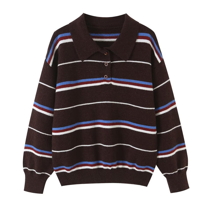 Damen Gestreifter Strickpolopullover mit kurzer Knopfleiste und Rippbündchen Drune