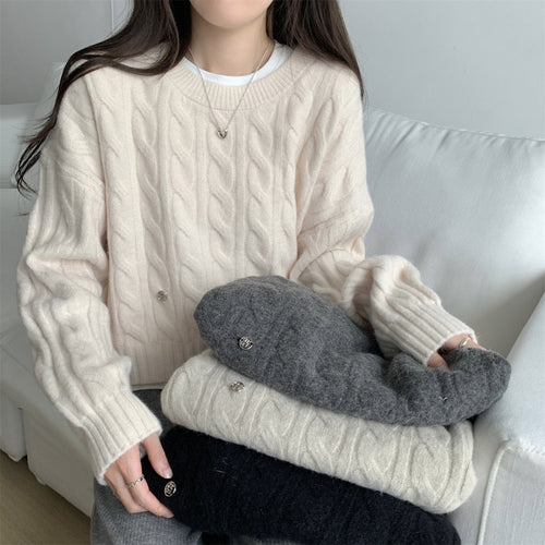 Damen Grobstrickpullover mit lässigem Schnitt und Zopfmuster Drune