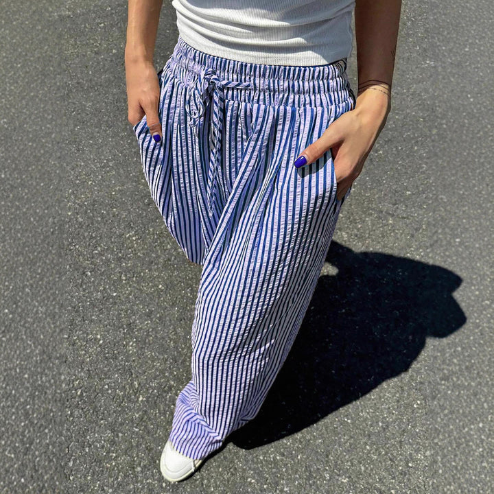 Damen Marlene-Streifenhose aus Leinenmix mit weitem Bein, Elastikbund und Kordelzug Drune