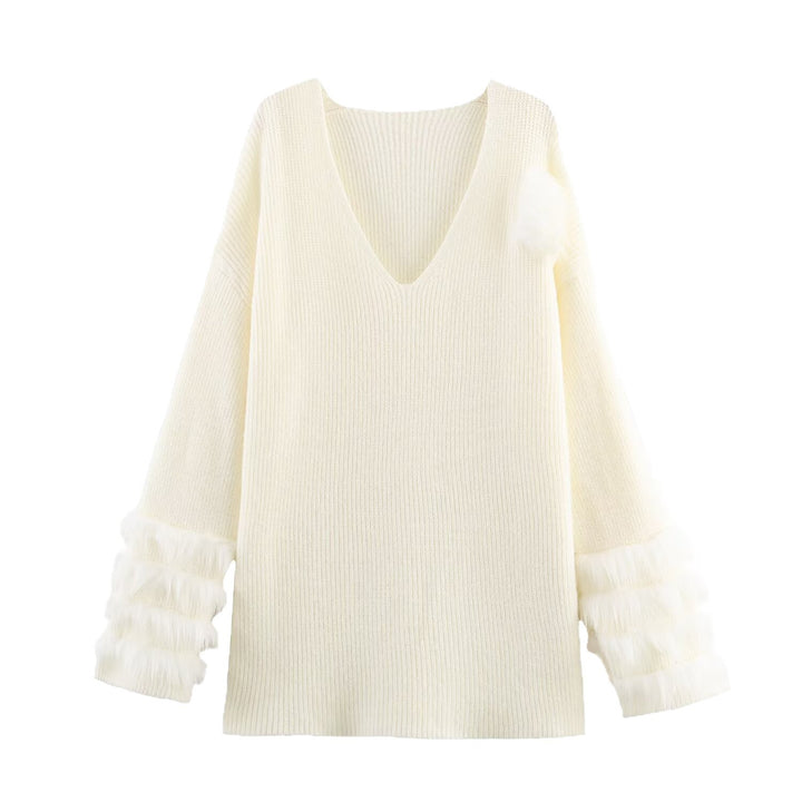 Damen Feinstrick-Minikleid mit tiefem V-Ausschnitt und gestuften Faux-Fur-Ärmeln Drune