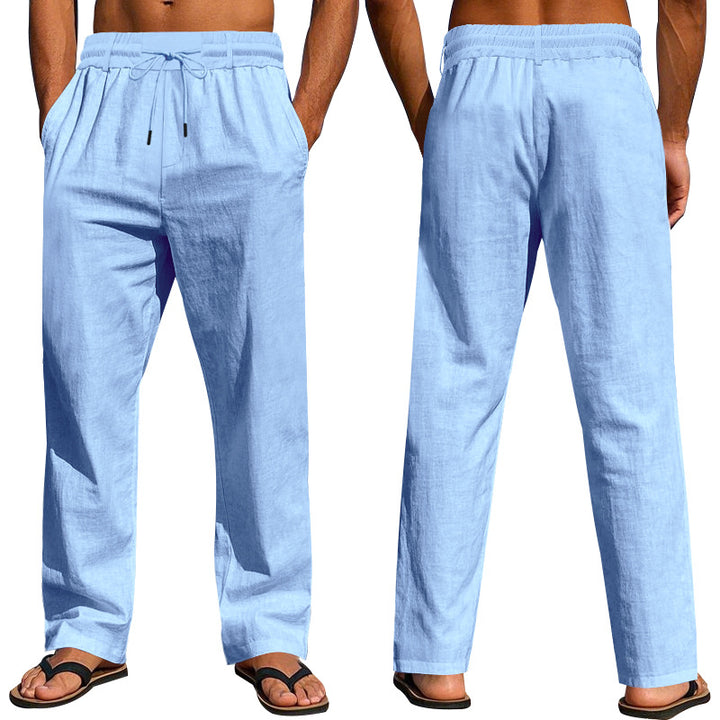 Herren nan leichte Baumwoll Leinen Freizeit-Hose mit Tunnelzug geradem Schnitt Drune