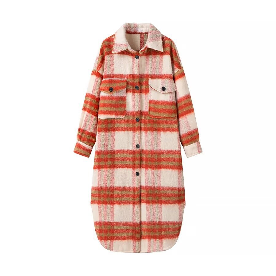 Damen Modischer Oversized-Wollmantel mit Karomuster Drune