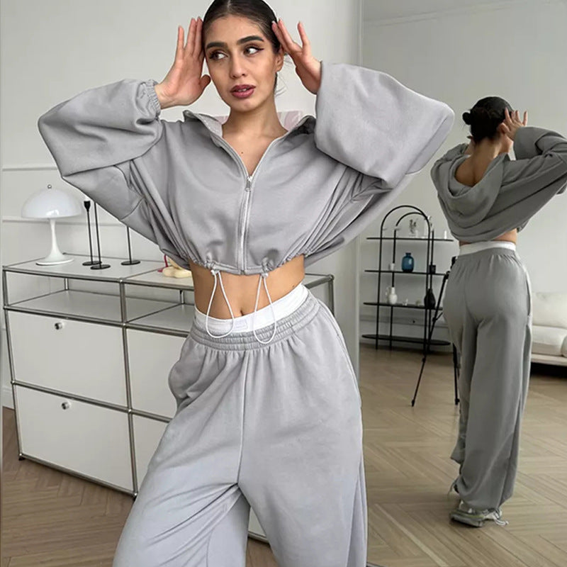 Damen nan cropped Reißverschluss-Hoodie mit Tunnelzugsaum und weitem Sweatpants-Schnitt Drune