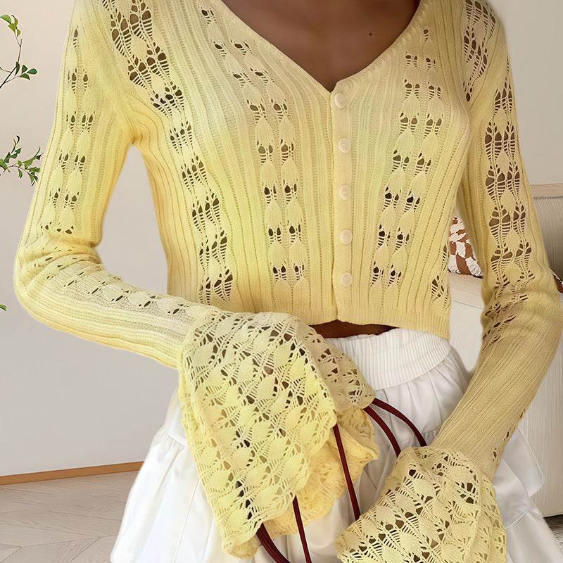 Damen Strickoberteil mit Lochmuster und weitem Ärmel Drune