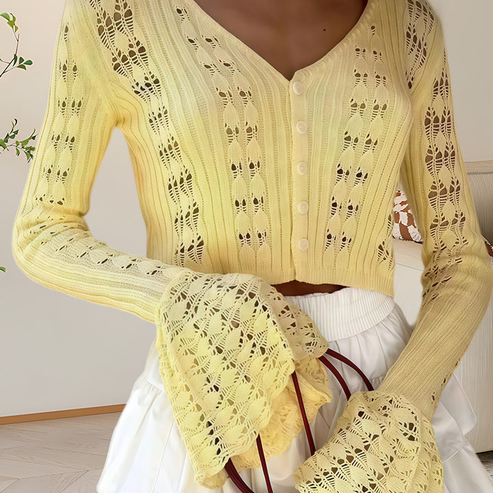 Damen Strickoberteil mit Lochmuster und weitem Ärmel Drune