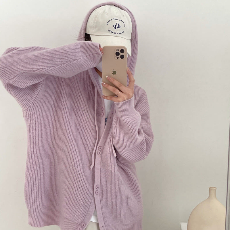 Damen lässige Strickjacke mit Kapuze und Knopfdetails Drune