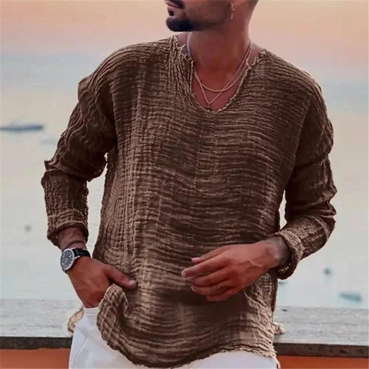 Herren lässiges V-Neck Leinenhemd Drune