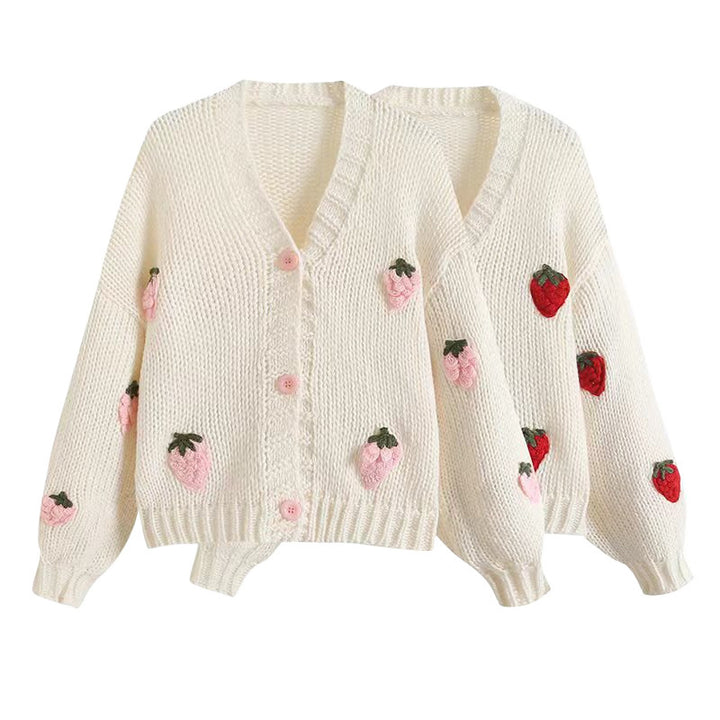 Damen kuschelige Strickjacke mit Erdbeerapplikationen Drune