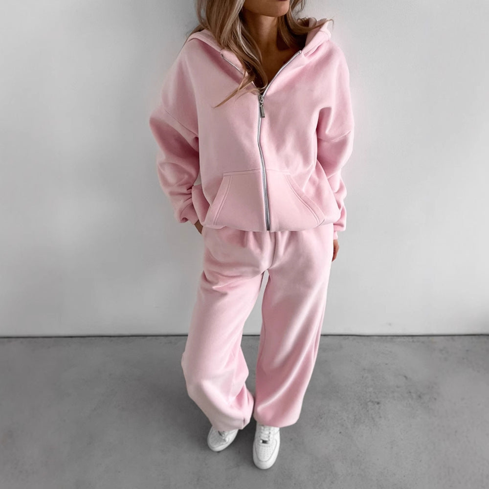 Damen Loungewear-Set Drune: Oversized Zip-Hoodie mit Kapuze und weiter High-Waist Sweatpant aus Soft-Fleece