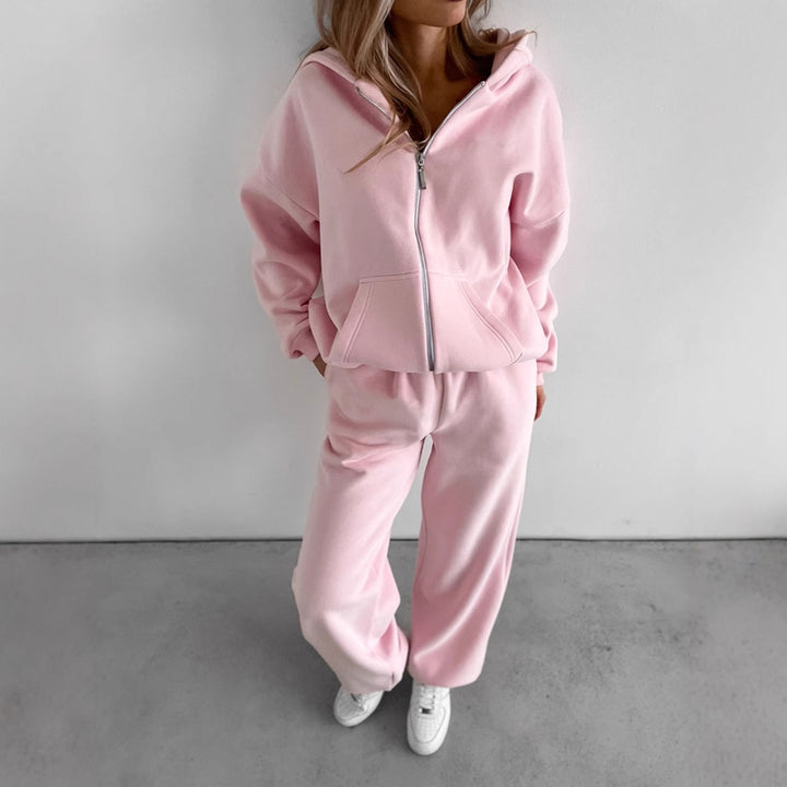 Damen Loungewear-Set Drune: Oversized Zip-Hoodie mit Kapuze und weiter High-Waist Sweatpant aus Soft-Fleece