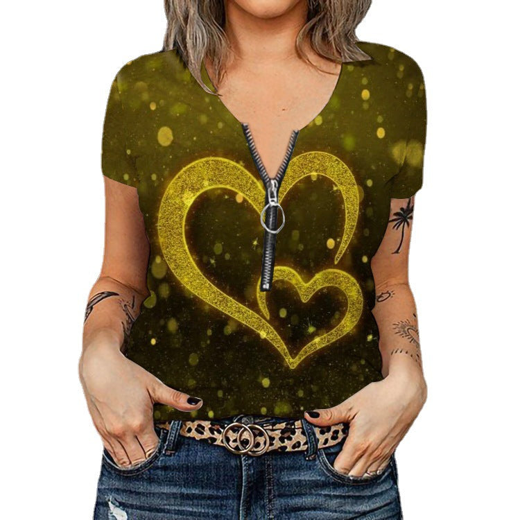 Damen Stylisches T-Shirt mit goldfarbenem Herz-Design und Reißverschluss Drune