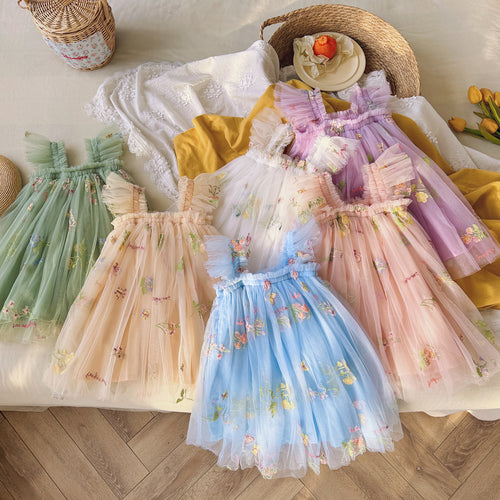 Mädchen Besticktes Tüll Partykleid mit Rüscheträgern Drune