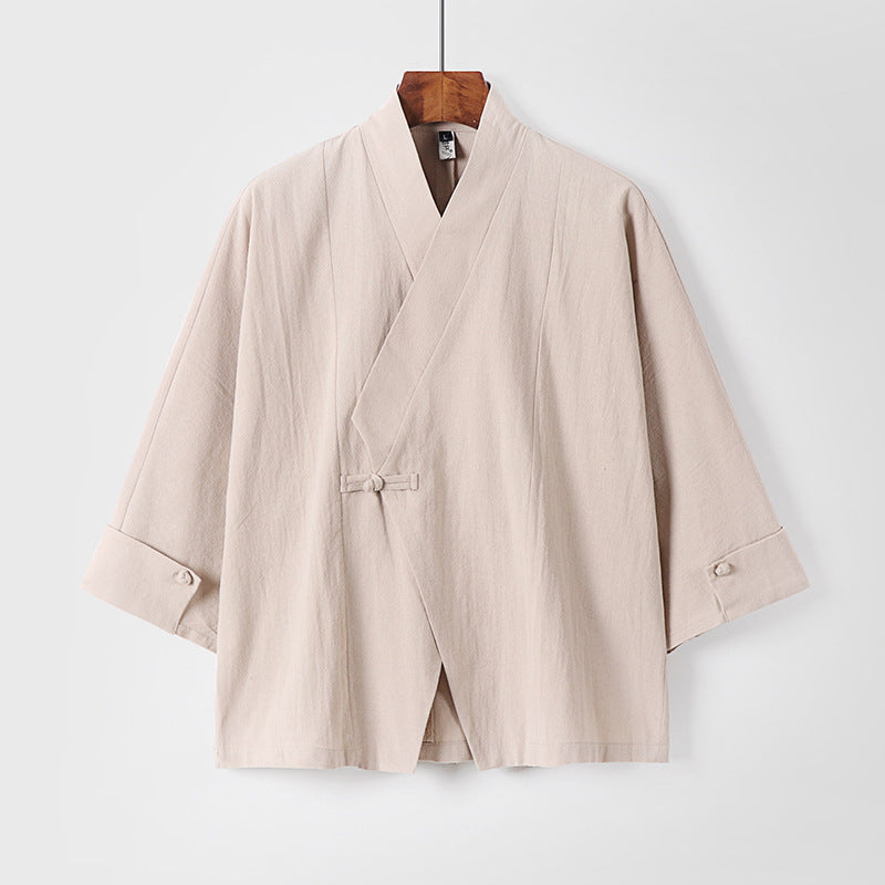 Herren Leinen-Kimono-Jacke mit traditionellem Knotenverschluss und mittel-langen Ärmeln Drune
