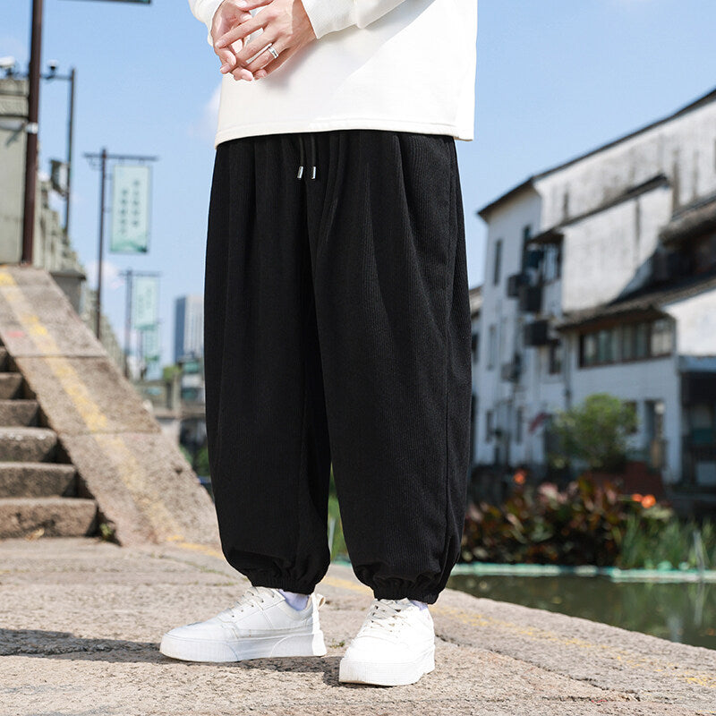 Herren Weite Cord-Loungehose mit Tunnelzug, gerippter Cordstruktur und elastischen Bündchen Drune