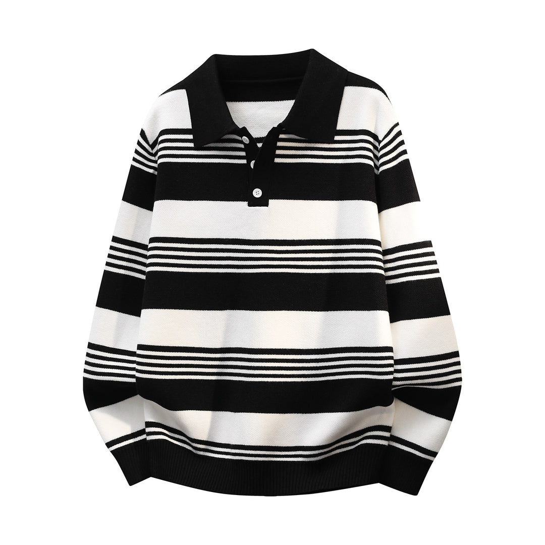 Damen Oversize Langarm-Polo-Strickpullover mit Retro-Streifen und Brustknopfleiste Drune