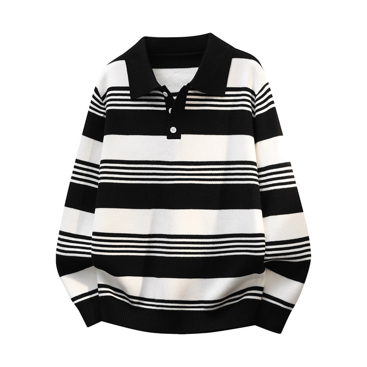 Damen Oversize Langarm-Polo-Strickpullover mit Retro-Streifen und Brustknopfleiste Drune