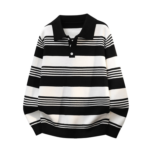 Damen Oversize Langarm-Polo-Strickpullover mit Retro-Streifen und Brustknopfleiste Drune