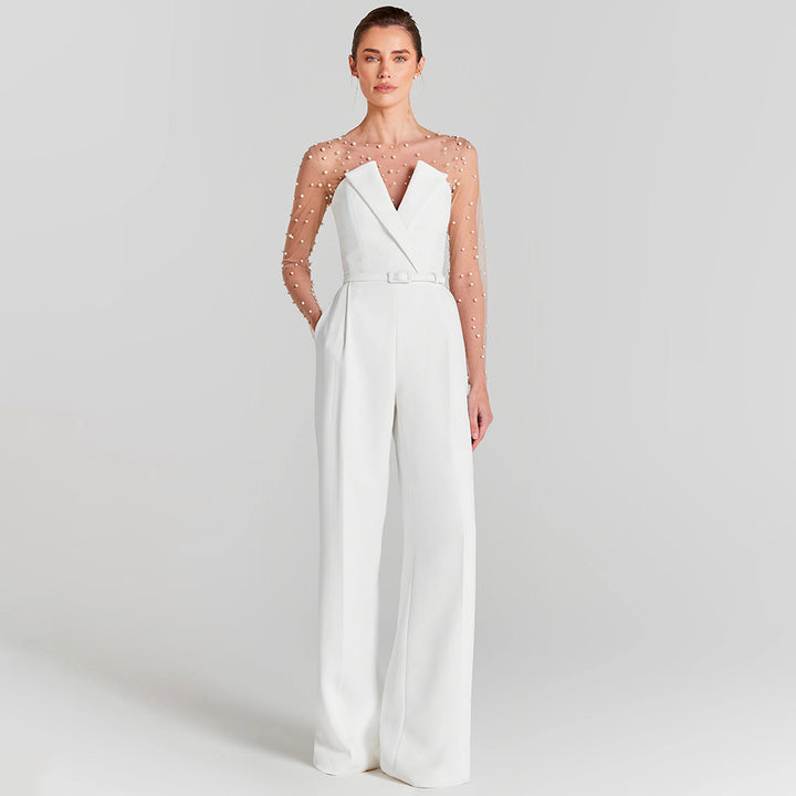 Damen eleganter Jumpsuit mit transparenten Ärmeln und Perlenverzierung Drune