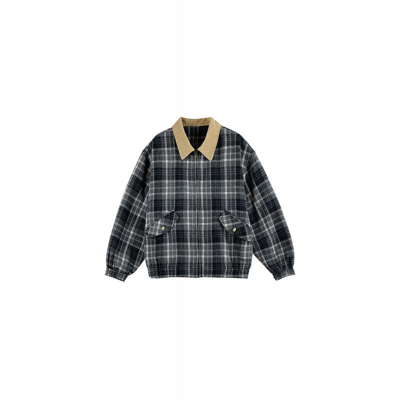 Unisex Kariertes Boxy-Überhemdjacke mit Cordkragen, verdecktem Reißverschluss und aufgesetzten Klappentaschen Drune