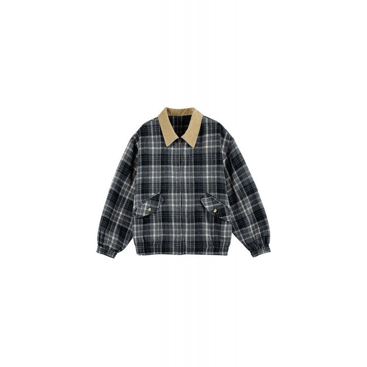 Unisex Kariertes Boxy-Überhemdjacke mit Cordkragen, verdecktem Reißverschluss und aufgesetzten Klappentaschen Drune