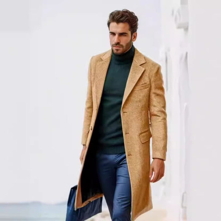 Herren eleganter Mantel mit strukturiertem Gewebe und modernen Akzenten Drune